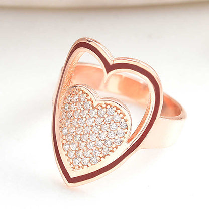 White Stone Heart Rose Plated Women's Silver Ring