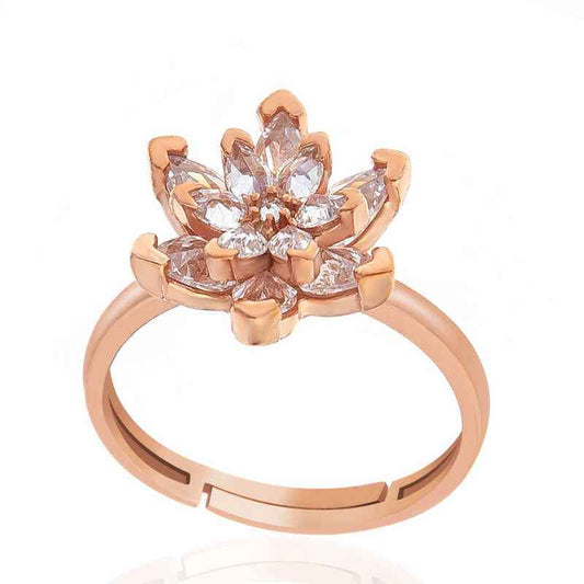 Rose Plated White Stone Lotus Flower Women's Silver Ring