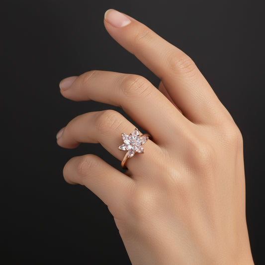 Rose Plated White Stone Lotus Flower Women's Silver Ring