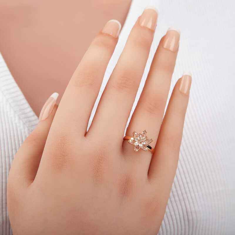 White Stone Lotus Flower Women's Rose Plated Silver Ring