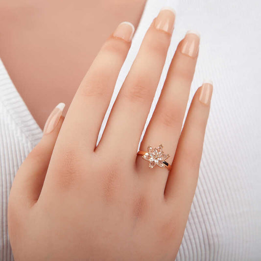 White Stone Lotus Flower Rose Plated Silver Women's Ring