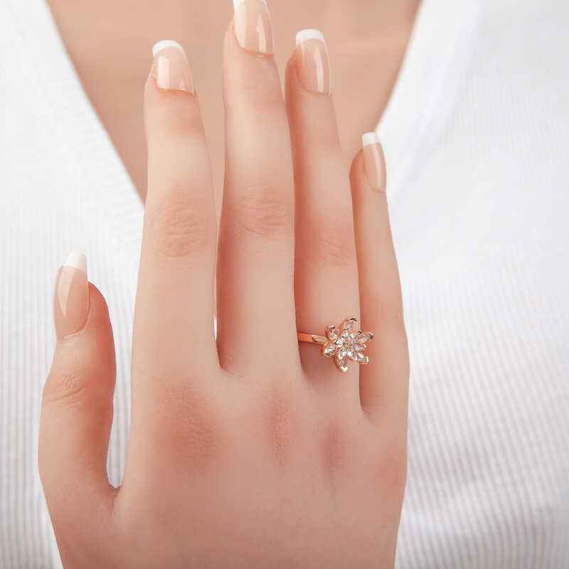 White Stone Lotus Flower Women's Rose Plated Silver Ring