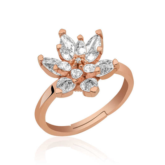 Bague en argent plaqué rose avec fleur de lotus en pierre blanche
