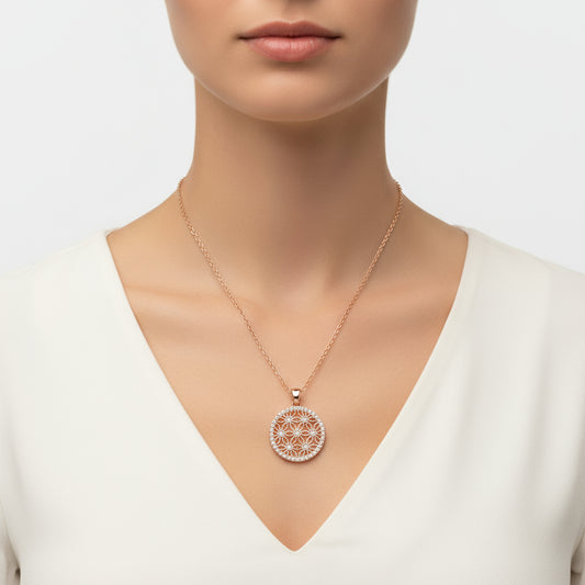 Rose Plated White Stone Flower of Life Women's Silver Necklace