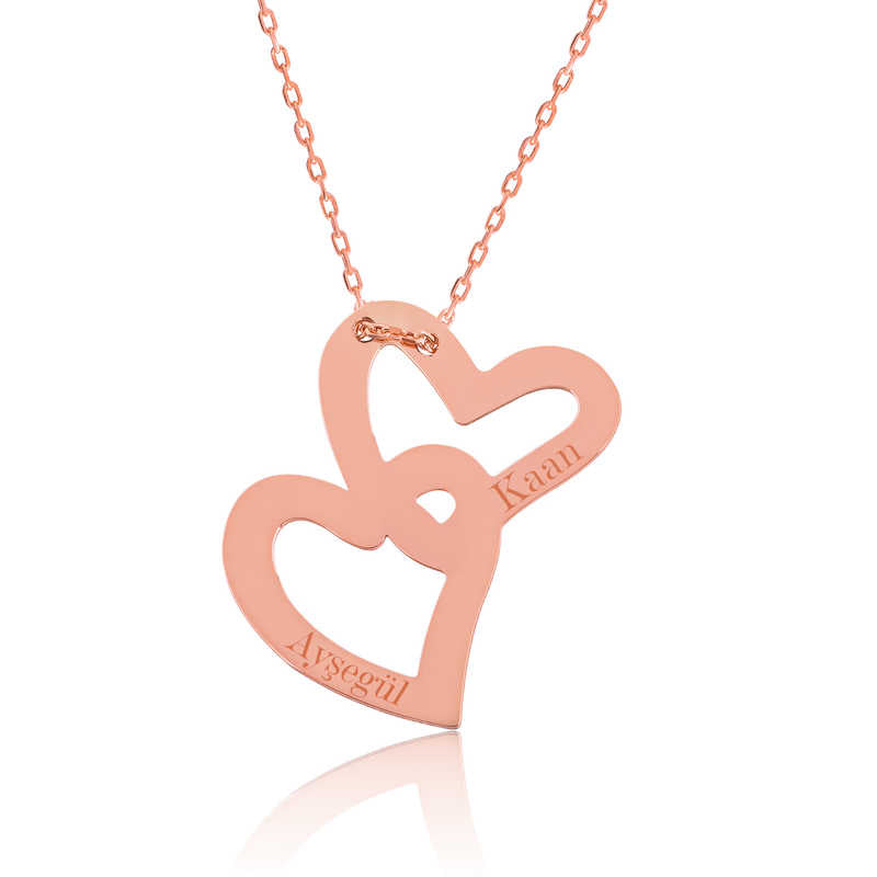 Collier en argent plaqué rose avec nom de cœurs entrelacés pour femme