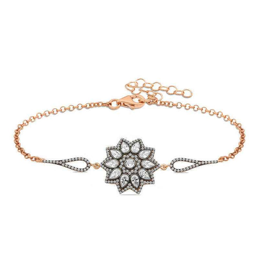 Rose Gold Plated Flower Pattern Diamond Setting Silver Bracelet