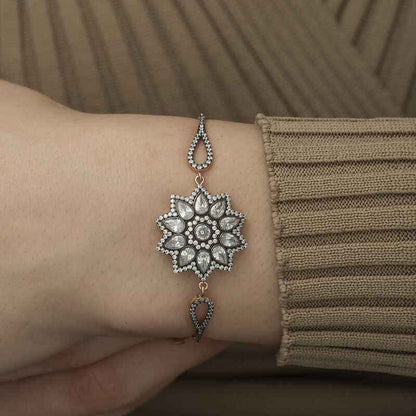 Rose Gold Plated Flower Pattern Diamond Setting Silver Bracelet