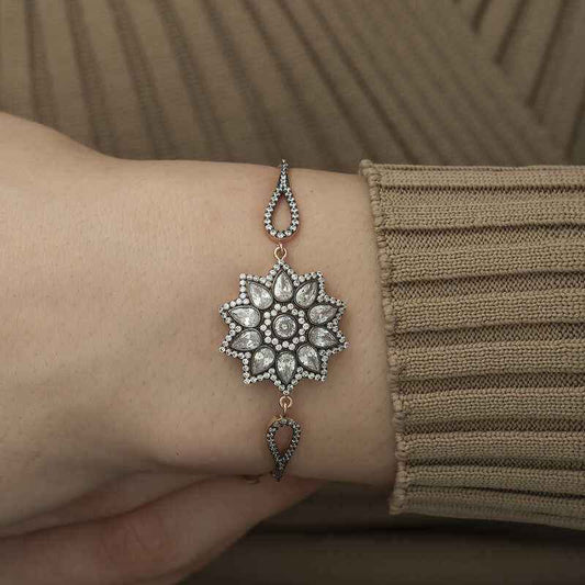 Rose Gold Plated Flower Pattern Diamond Setting Silver Bracelet