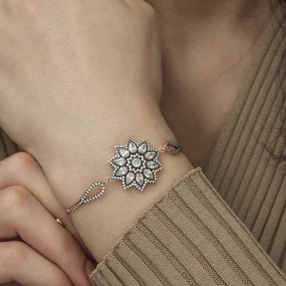 Rose Gold Plated Flower Pattern Diamond Setting Silver Bracelet