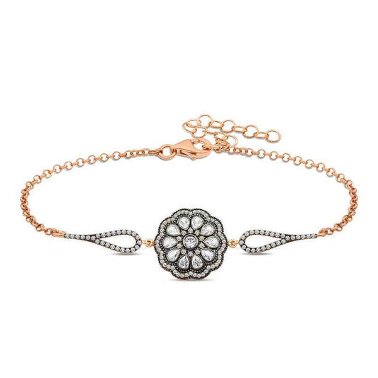 Rose Gold Plated Flower Pattern Diamond Setting Women's Silver Bracelet