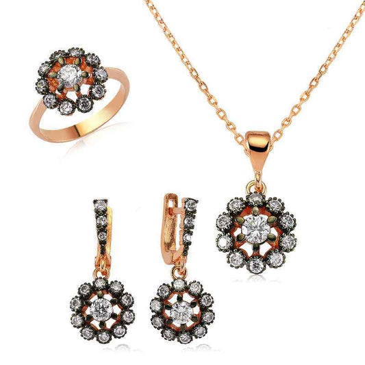 Diamond Model Flower Women's Rose Plated Silver Set