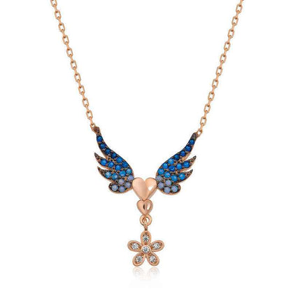 Rose Plated Flowered Winged Heart Silver Necklace