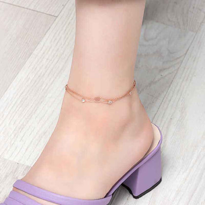 Rose Plated Double Chain Heart Zircon Stone Silver Anklet