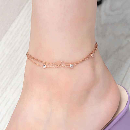 Rose Plated Double Chain Heart Zircon Stone Silver Anklet
