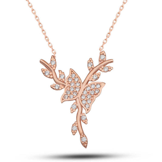 Collier en argent plaqué rose avec papillon sur branche pour femme