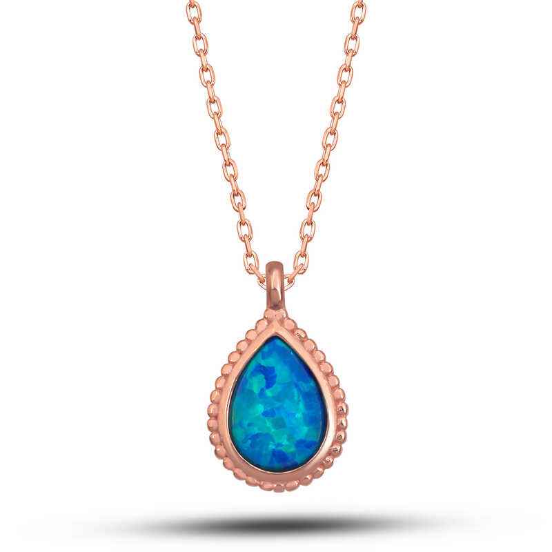 Rose Plated Drop Blue Opal Stone Women's Silver Necklace