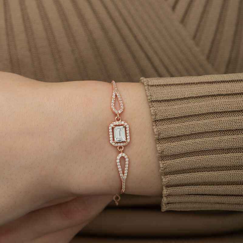 Rose Plated Rectangular Baguette Silver Bracelet