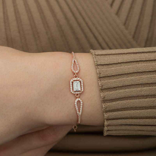 Rose Plated Rectangular Baguette Silver Bracelet