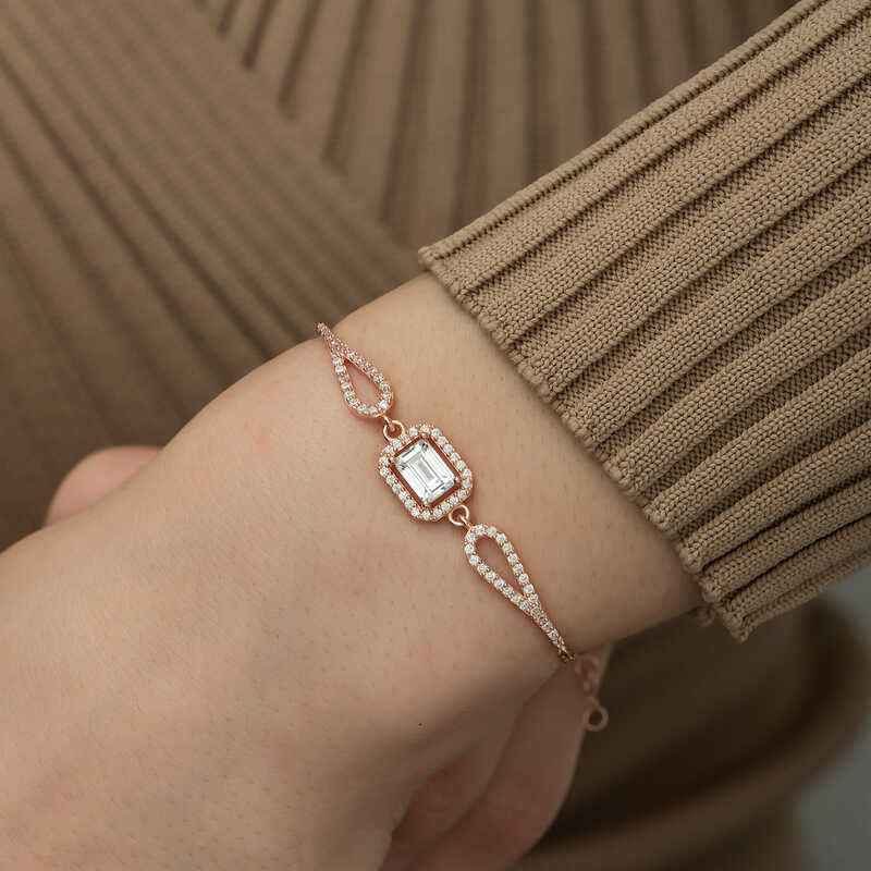 Rose Plated Rectangular Baguette Silver Bracelet