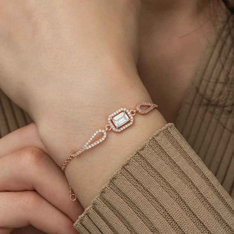 Rose Plated Rectangular Baguette Silver Bracelet