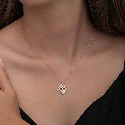 Rose Gold Plated Rectangular Zircon Stone Women's Silver Necklace