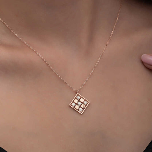 Rosévergoldete rechteckige Zirkonia-Stein-Damen-Silberkette