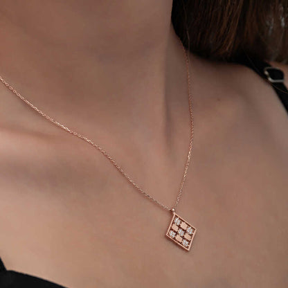 Rose Gold Plated Rectangular Zircon Stone Women's Silver Necklace