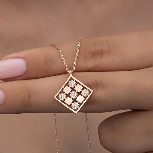 Rose Gold Plated Rectangular Zircon Stone Women's Silver Necklace