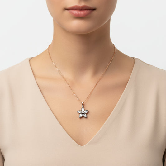 Rose Plated Diamond Setting Flower Women's Silver Necklace