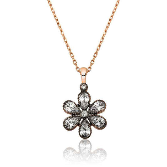 Rose Gold Plated Diamond Setting Flower Women's Silver Necklace
