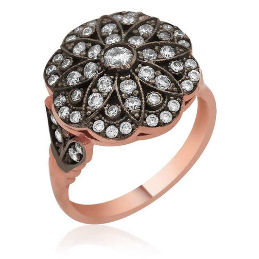 Bague en argent plaqué rose avec diamants et motif floral pour femme