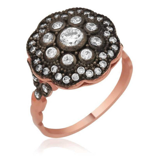 Bague en argent pour femme avec monture en forme de fleur de diamant plaqué rose