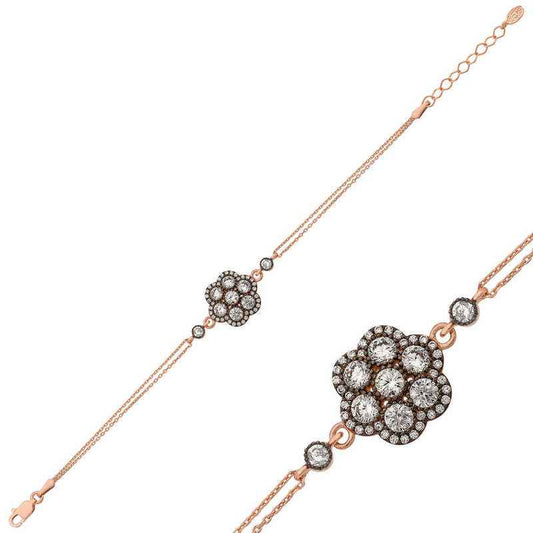 Rose Gold Plated Diamond Setting Flower Silver Bracelet