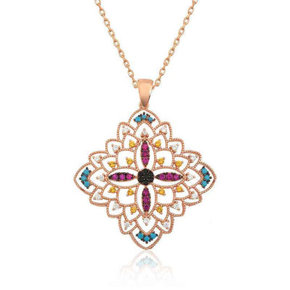 Ethnic Patterned Medallion Rose Plated Silver Necklace