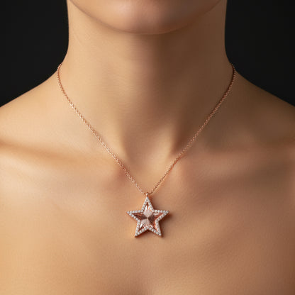 Rose Gold Plated Frill Pattern Star Women's Silver Necklace