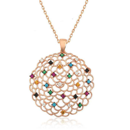 Geometric Pattern Pendant Rose Plated Silver Necklace