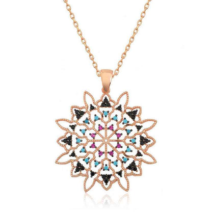 Rose Plated Geometric Pattern Pendant Silver Necklace