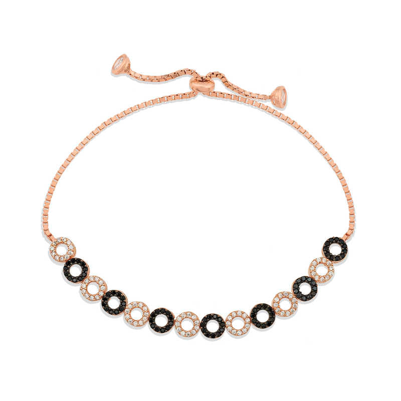 Bracelet réglable en argent plaqué rose avec pierres noires et blanches