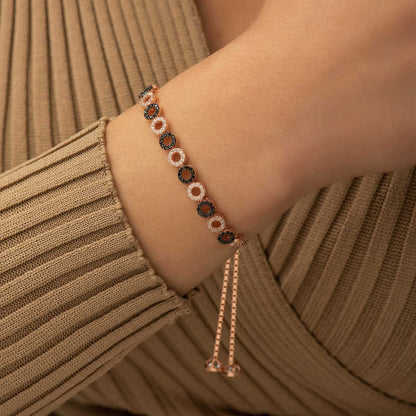 Bracelet réglable en argent plaqué rose avec pierres noires et blanches