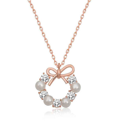 Rose Pearl Ribbon Women's Silver Necklace