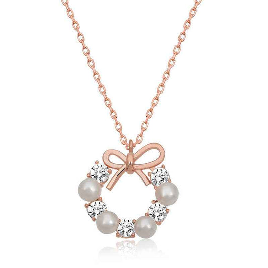 Rose Pearl Ribbon Women's Silver Necklace