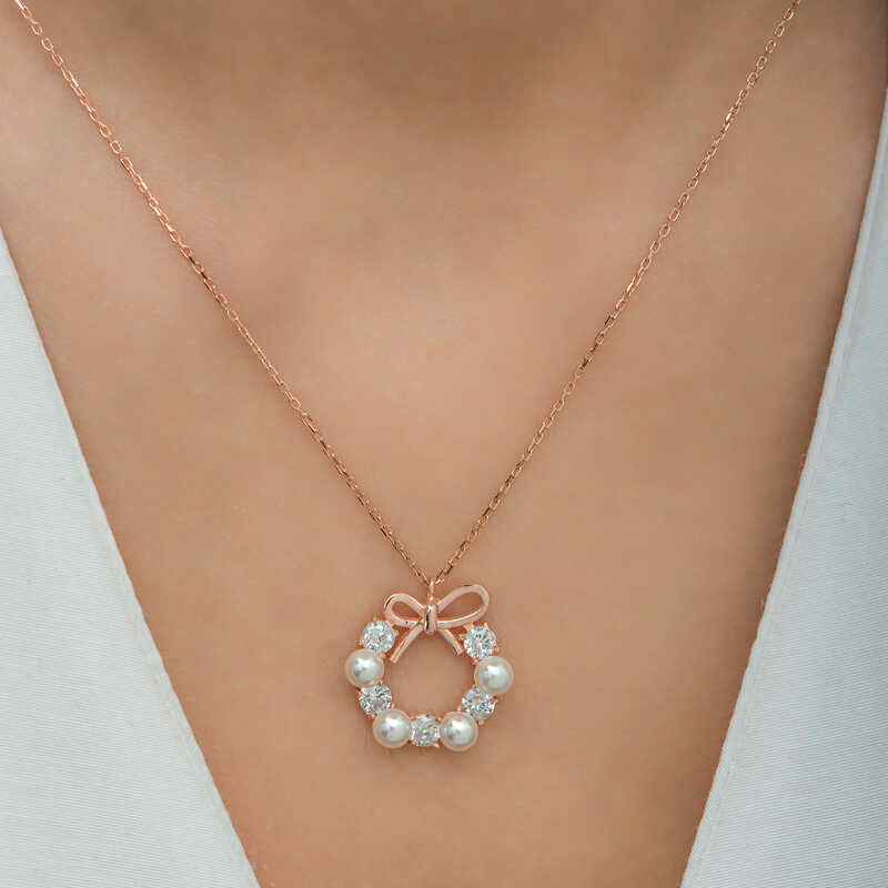 Rose Pearl Ribbon Women's Silver Necklace