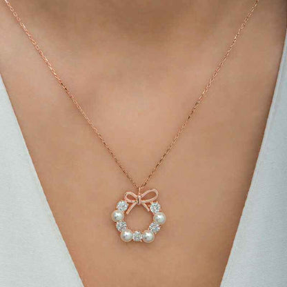 Rose Pearl Ribbon Women's Silver Necklace