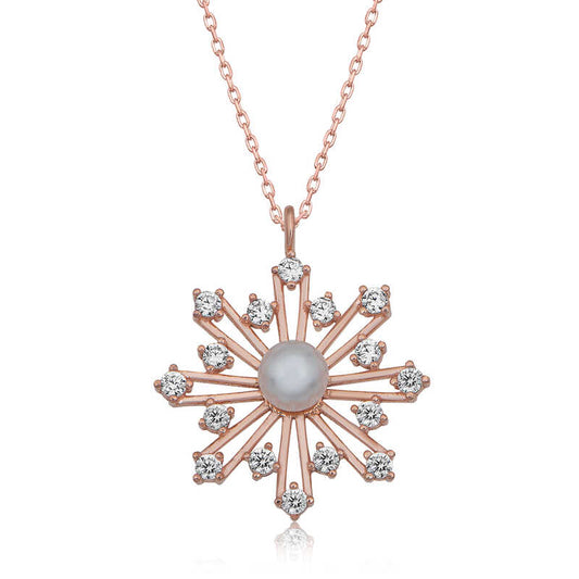 Collier en argent plaqué rose avec perles et flocons de neige pour femme