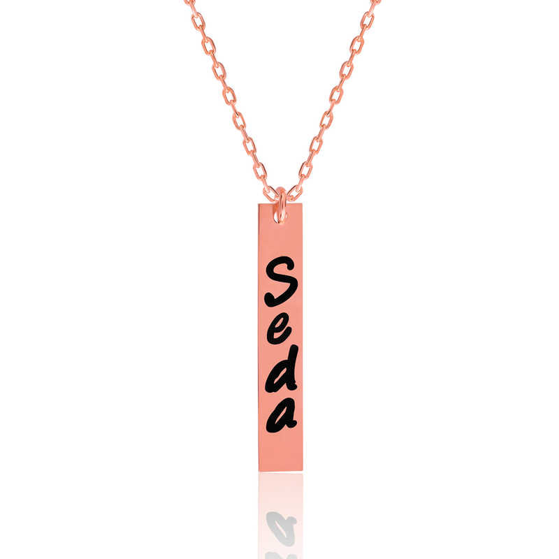 Collier en argent plaqué rose pour femme avec barre de nom