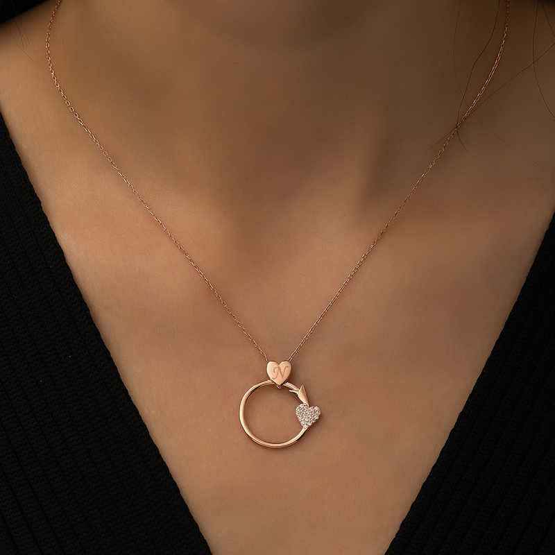 Rose Plated Heart-Piercing Arrow Silver Necklace