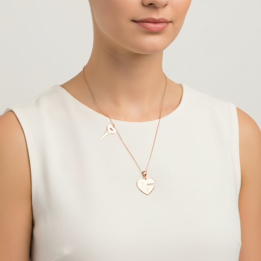 Rose Plated "Key to My Heart" Personalized Women's Silver Necklace