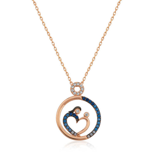 Rose Plated Heart Mother and Baby Women's Silver Necklace