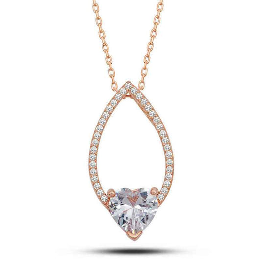 Rose Plated Heart White Stone Drop Women's Silver Necklace