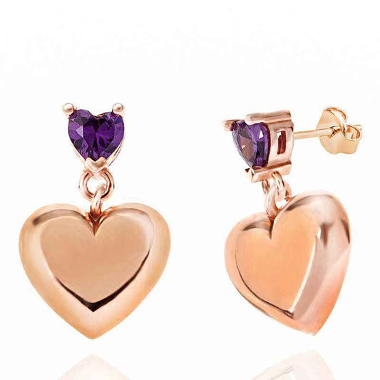 Rose Plated Purple Zircon Stone Heart Stud Women's Silver Earring